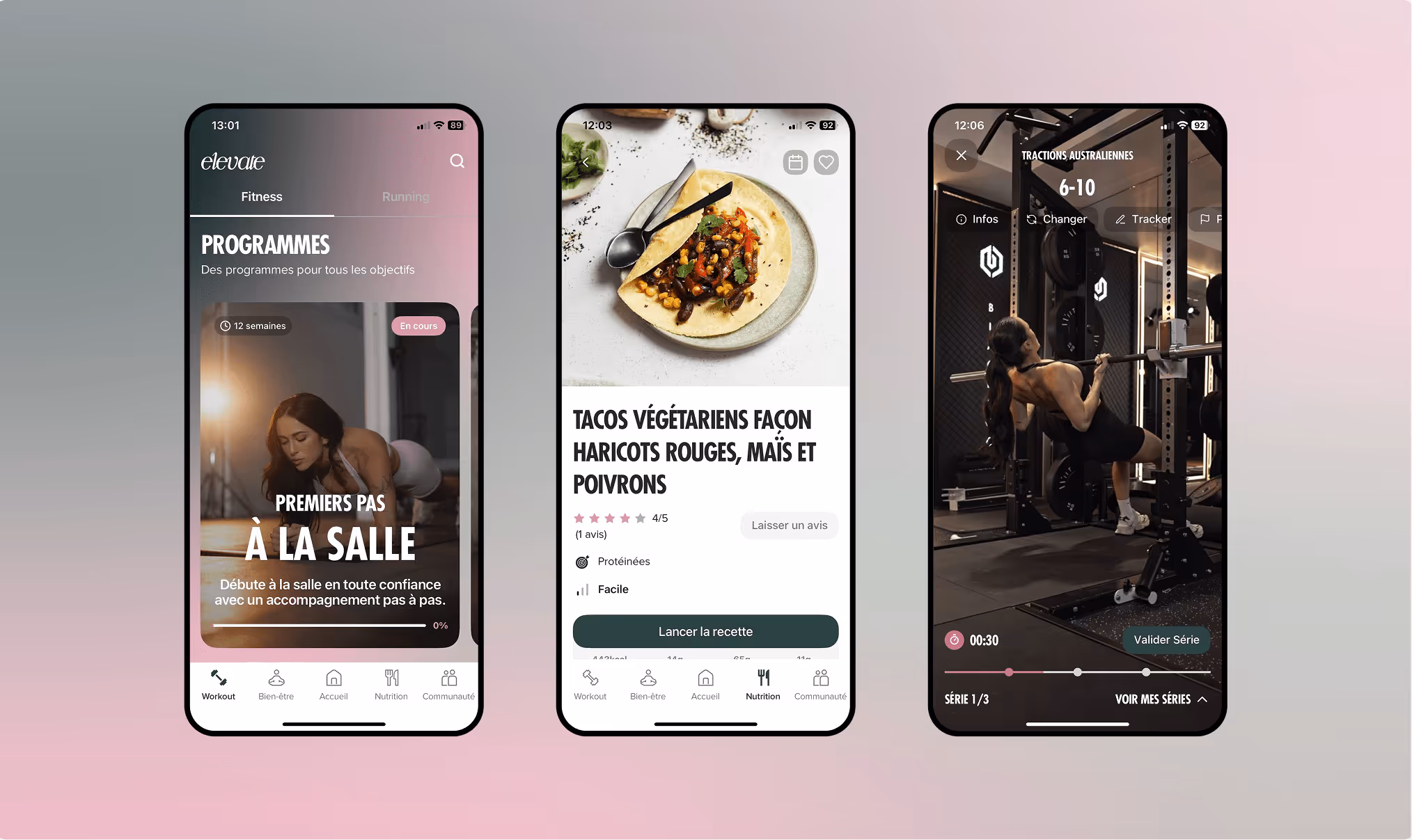 Elevate app screens: training programmes, recipes and guided workout sessions