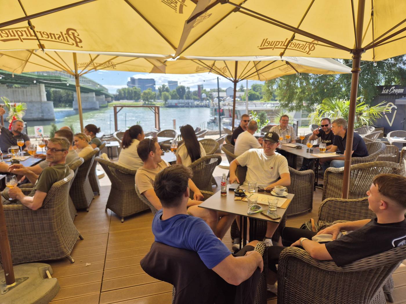 Team lunch on a riverside terrace in Bratislava